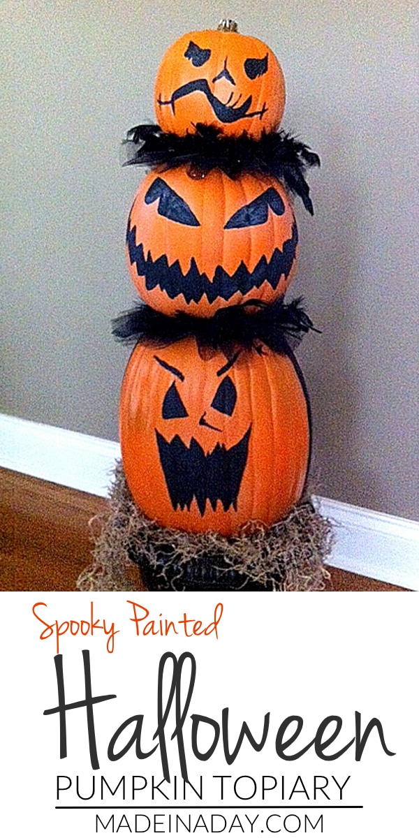 Faux Pumpkin Topiary, Create 4 looks with two pumpkin topiaries, one set is cute and spooky and one set is creepy and scary.