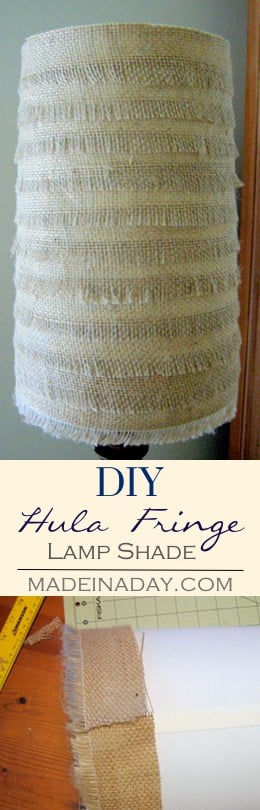 DIY Hula Fringe & Flower Burlap Lamp Shade, Upgrade plain lamp shades with burlap fabric. Make a cute fringe shade and a decoupaged burlap shade and even a cute jute flower, tutorial on madeinaday.com