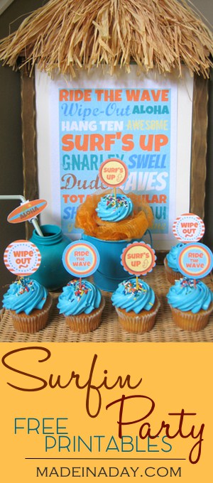 Surfin Party Free Printables Set #1, Add some fun to your Surfing party with these cute FREE Printable cupcake toppers, drink labels and frameable quote.