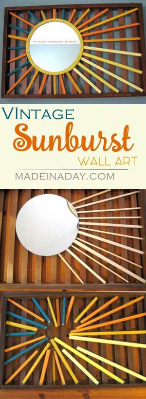 DIY Vintage Sunburst Mirror Wall Art, Love Vintage Sunbursts? Well this craft is for you! Paint dowels and add a mirror for this super fun vintage wall art!
