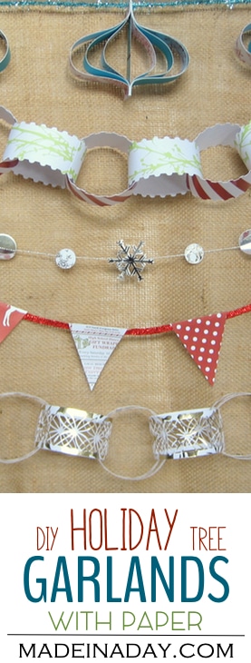 5 Easy Holiday Paper Garlands,Fun ways to decorate the tree with scrapbook paper! Paper chain, deer banner, silver garland, silhouette cameo