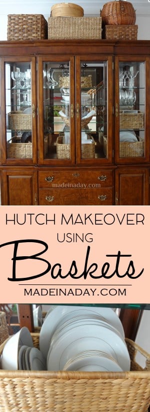 Makeover Your China Cabinet w/ Baskets! Afraid to makeover or paint a nice Hutch? Add pretty baskets instead! Styling and balancing the interior. See how I did it on the blog! China Cabinet Styling