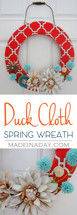 Duck Cloth Spring Wreath w/ spray painted flowers, paper tube flower, leather flower, tutorial on madeinaday.com