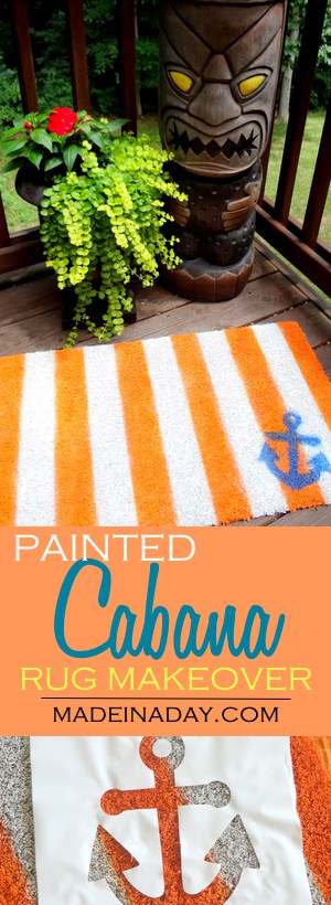 Painted Rug Makeover Cabana Style stripes! Don't throw that rug away! Makeover an old outdoor brush rug into a cut striped anchor rug!