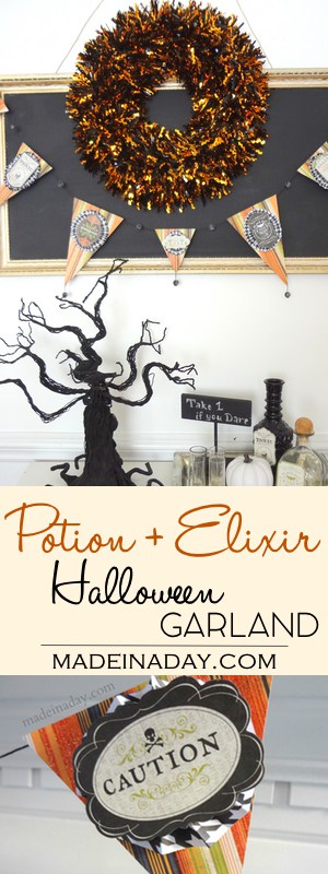 DIY Potion + Elixir Halloween Banner Garland, take Halloween witch poison, potion elixir labels and turn them into a fun garland with scrapbook paper. Tutorial on madeinaday.com
