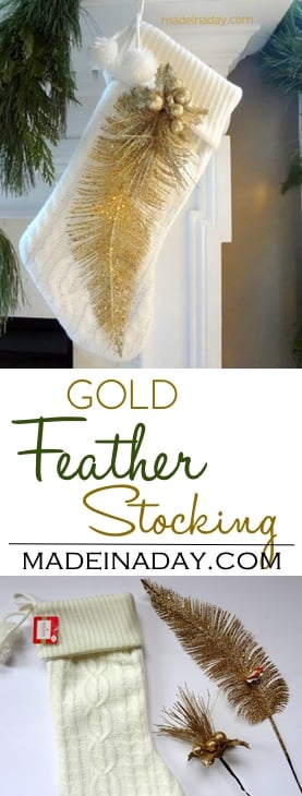 Gold Feather Stocking, add a flocked gold feather and gold pick on white stocking, elegant mantle, easy craft, holiday gift, celebrate