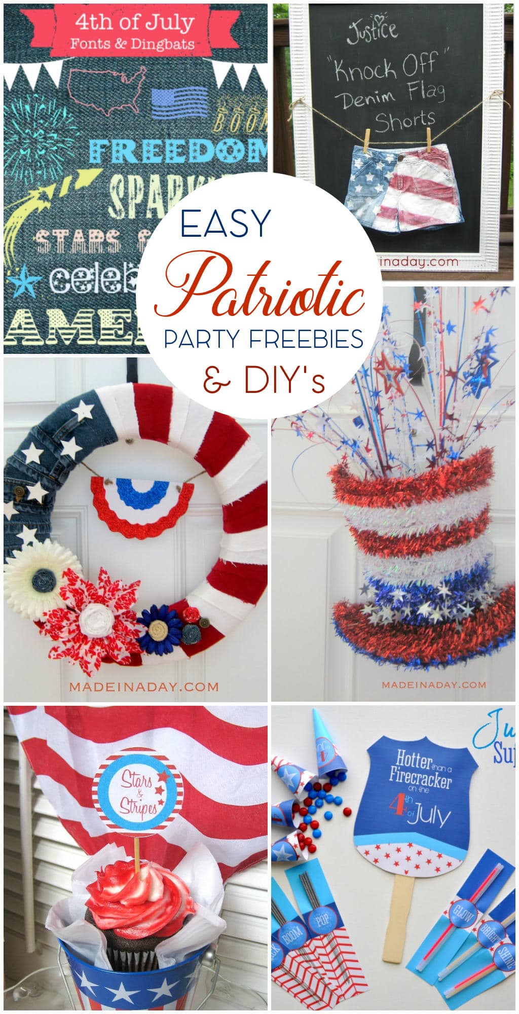Easy Patriotic Crafts & Party Printables, Denim wreath, patriotic fonts, Flag Shorts tutorial, Sparle Hat Door Hanger, 4th of July Party supplies: Hand fan printable, cupcake toppers, sparkler holders, glow stick holders, candy cone holders and more on madeinaday.com