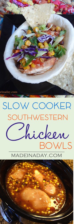 Slow Cooker Southwest #Chicken #Bowls , Super easy recipe just add ingredients and cook for four hours. Great for nachos, taco bowls, #streettacos or just to dip! Cilantro, corn, back beans, cabbage mix recipe on madeinaday.com #slowcooker