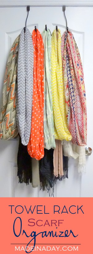 Easy, Fun & Clever Organization Ideas! Three clever ideas to organize your scarves, Jewelry & Kids cups! Scarf organizer, sport cup organizer, necklace organizing.