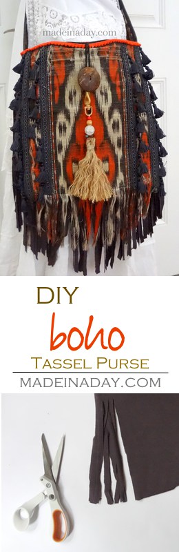 Update a simple purse into a fabulous Fringe and Tassel Boho satchel! Adding jersey knit fringe and upholstery tassels for a trendy upgrade. Bohemian satchel, tutorial on madeinaday.com