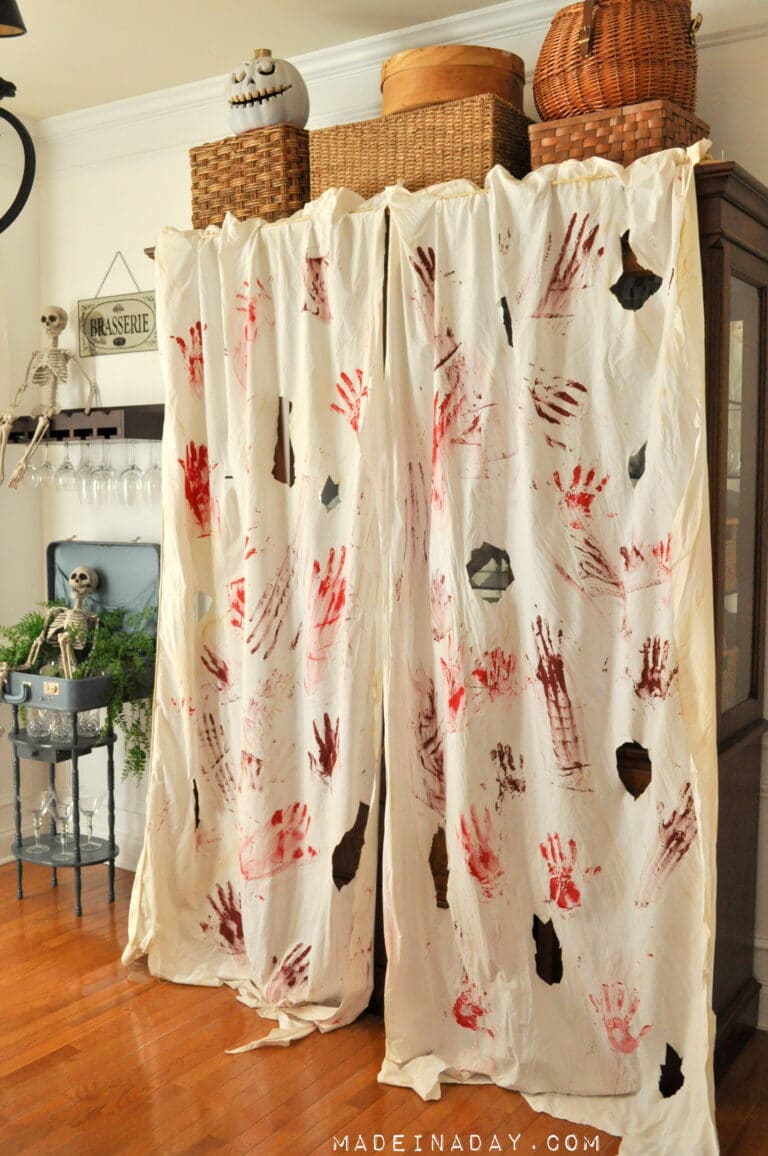 Blood Spatter Curtains & FREE Bloody Printable Banner