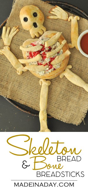 Skeleton Bread & Bone Breadsticks, Bake up a scary appetizer for your next halloween party! Breadsticks, easy recipe, haunted appetizer, food for Halloween party, Halloween party food, recipe on madeinaday.com
