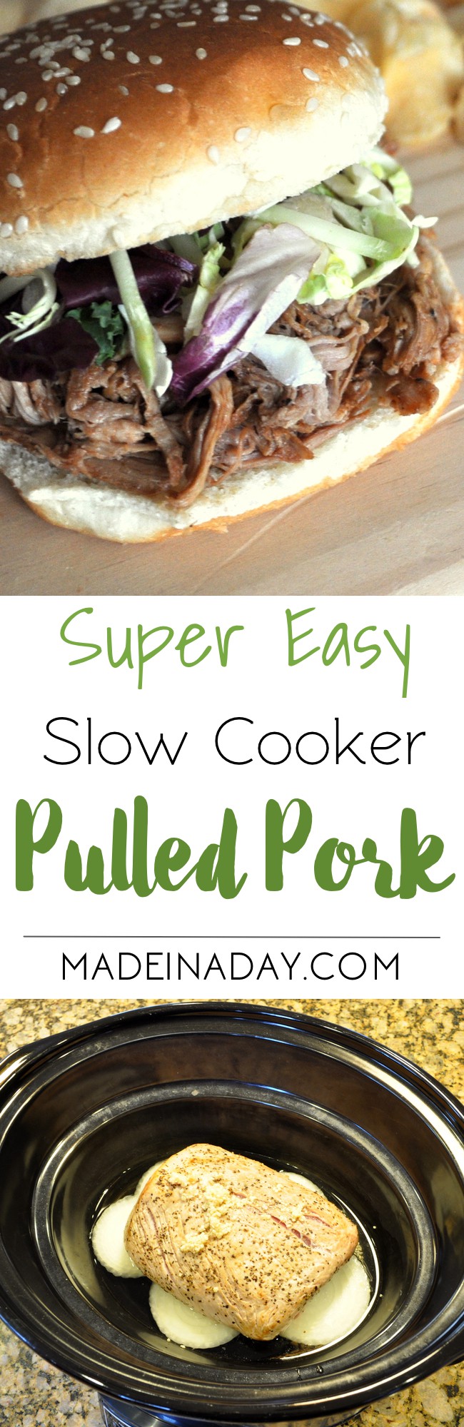 Super Easy & Delicious Slow Cooker Pulled 3Pork, #Crock up a pork roast, shred and add your favorite BBQ sauce for one easy weeknight meal! Recipe on madeinaday.com #slowcooker #porkroast