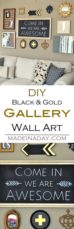 DIY wall art, gallery wall makeover. Make wall art from items you already own, upcycling them to reuse in a living room makeover and gallery wall. Black and gold gallery wall, feather wall art, arrows, Swiss cross, chalkboard art, + free printables We Are Awesome,#wallart #printable