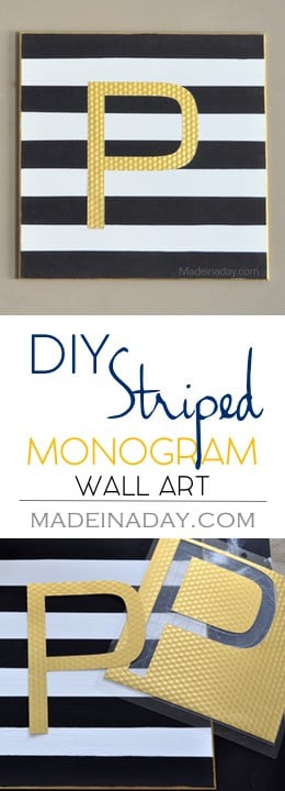 Black, White & Gold Monogram Wall Art, Silhouette Cameo project, gold foil, gallery wall series, easy diy, how to paint stripes, see the tutorial on madeinaday.com