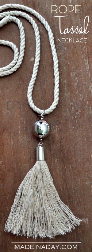 DIY Rope Tassel Necklace, Super easy rope and tassel necklace! Perfect for Spring! Upholstery cording tassel, Nautical tassel necklace, silver tassel, See the tutorial on my blog!