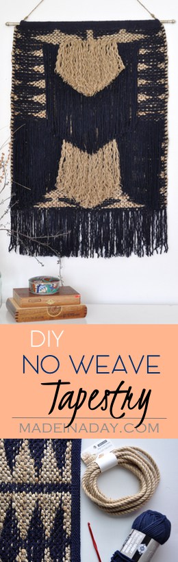 DIY Tapestry from a Throw rug! No Weave, Nate Burkus rug, jute twine, jute rope, cute trendy DIY, navy blue, fringe, tassels