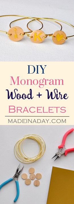 Wood Monogram Wire Bracelet, Easy wood & gold wired monogram bracelets, gold foil, Silhouette Cameo project, DIY Jewelry