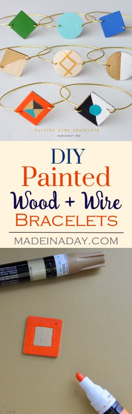 Painted Wood Wire Bracelets, Learn to make these adorable painted wood & gold wire bracelets, DIY jewelry, gold wire bracelets madeinaday.com