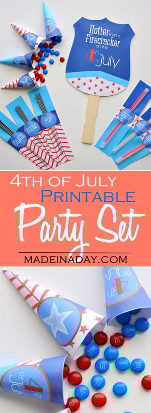 Printable 4th of July Supply Kit, FREE printables, hand fan, sparkler holders, glow stick holders and candy cones. Be the hit of the party!
