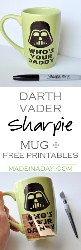 Make your own Darth Vader Sharpie mug and then grab 2 free printables for your home or office decor! Silhouette Cameo Craft, Father's Day mug, Star Wars printables
