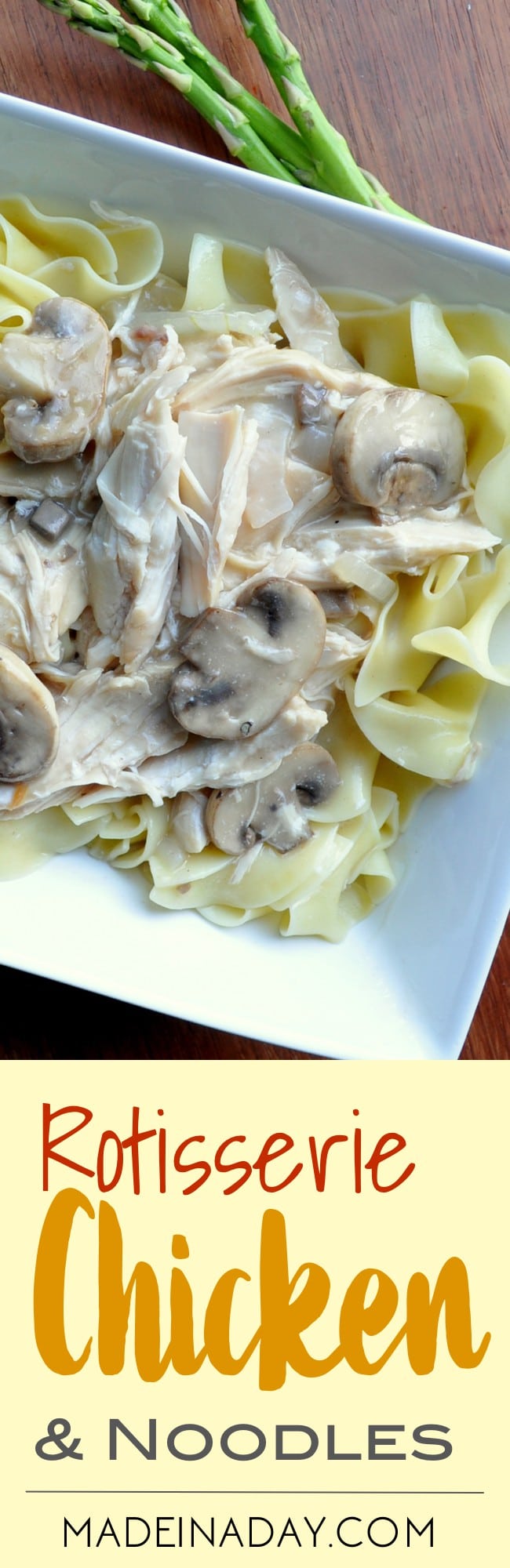 Rotisserie Chicken and Noodles Recipe, Super easy and delicious meal for busy weeknights. Simmer and serve! Rotisserie Chicken meal, egg noodles and mushroom gravy