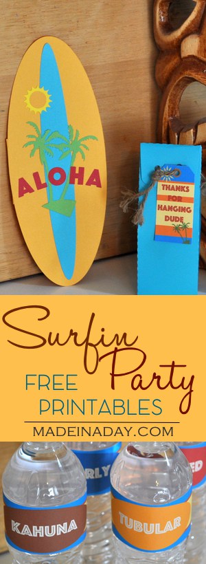 Surf Party FREE Printables Set #2! Extra additions to my original Surf Party set, FREE Printable Gift card, Party favor tags, water bottle labels. See original set for cupcake toppers and framable art. All on madeinaday.com