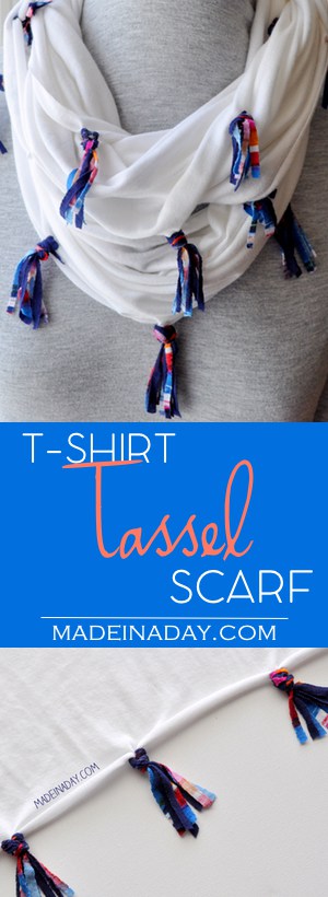 DIY T-Shirt Tassel Scarf, Turn a jersey knit shirt into a colorful mini tassel scarf! Navy tassel scarf, tutorial on madeinaday.com