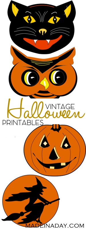FREE Vintage Halloween Printable Garland, Print and cut out these super cool vintage Halloween characters for parties & garlands. vintage black cat, vintage pumpkin, vintage witch, vintage owl, orange, black garland, tutorial on madeinaday.com