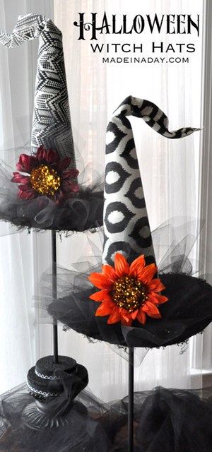 Decorative Halloween Witch Hats. Make these adorable hats to add to your spooky decor for the holidays! Funky witch hat, ikat, geometric fabric, tulle, DIY witch hat, tutorial on madeinaday.com