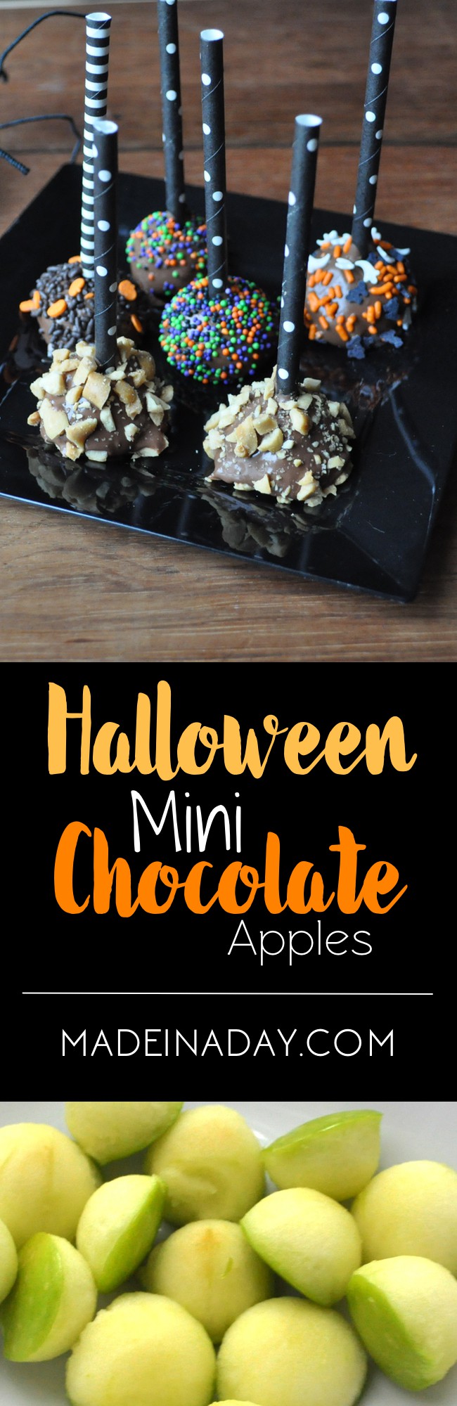 Mini Chocolate Covered #Apples, Super easy spooky party snack! Fun apple pops! Recipe, sprinkles, melted chocolate, fun straws, tutorial on madeinaday.com