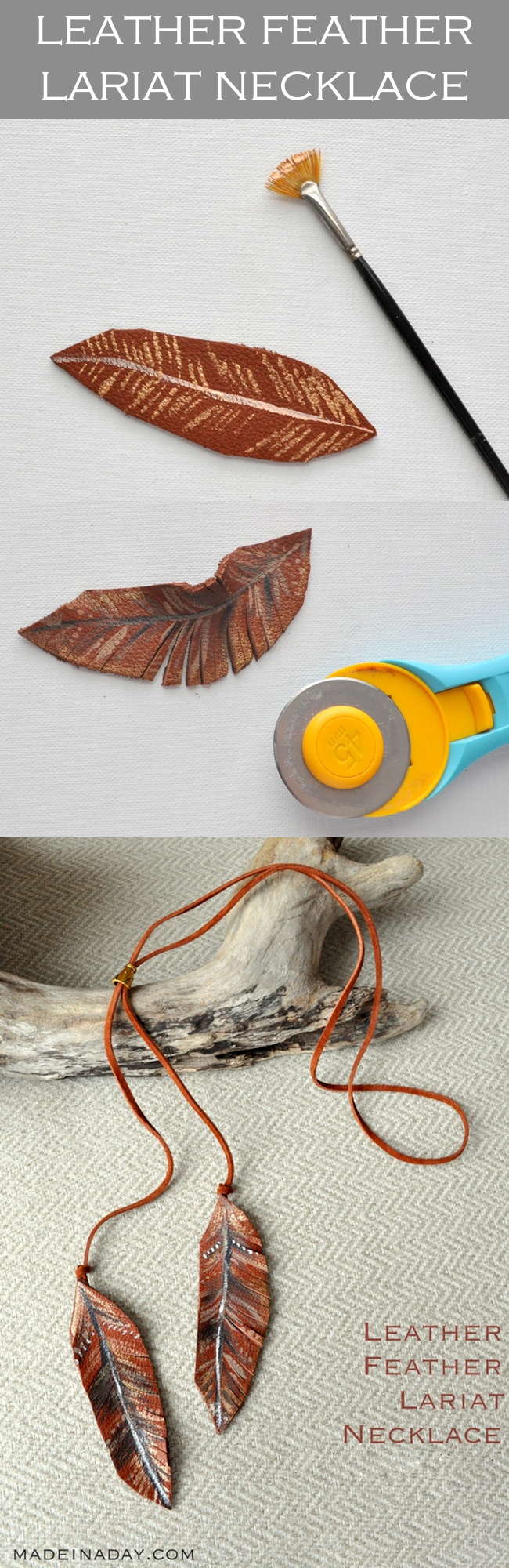 DIY Leather Feather Lariat Necklace + Free Printable Feather Guide, learn to make a simple leather lariat painted necklace, feather necklace