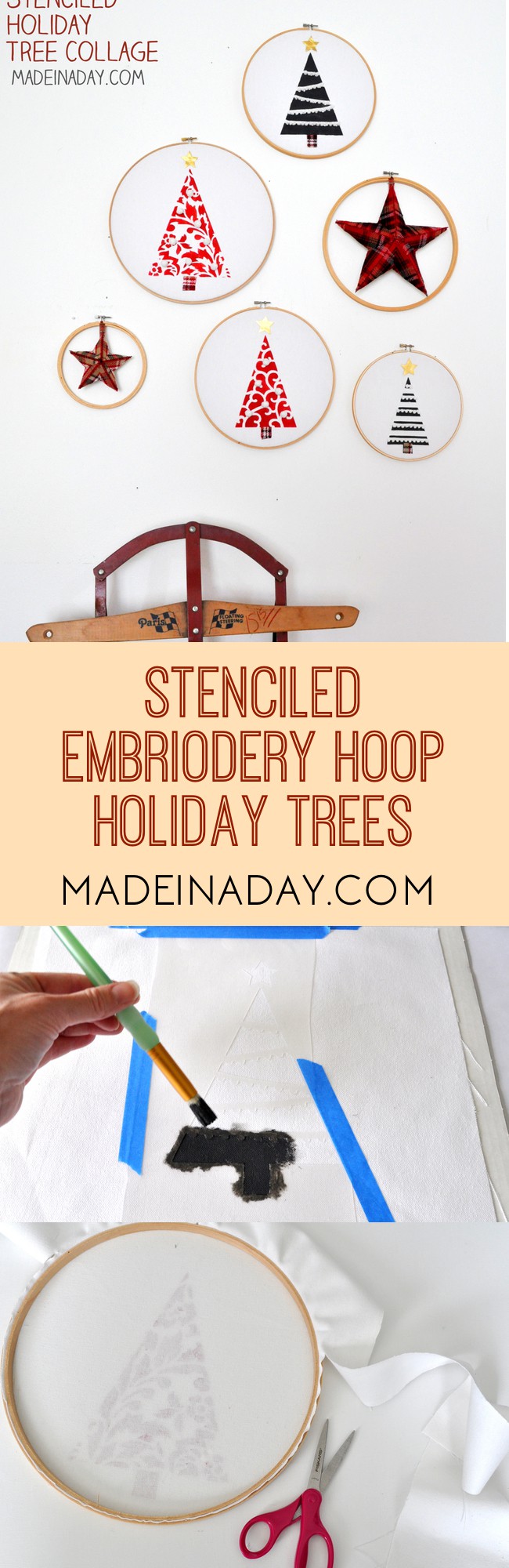 Stenciled Holiday Tree Collage, Stenciled Holiday Trees on canvas, embroidery hoop tree, holiday trees embroidery hoop collage, painted trees embroidery hoop