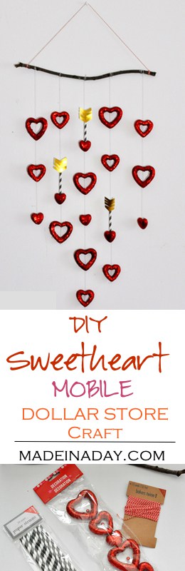 DIY Valentine Sweetheart Mobile from Dollar Store Hearts, an easy crafty DIY from a twig and dollar store items!