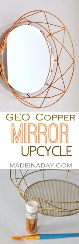 DIY Geometric Decorative Mirror, take a holiday geometric tray and upcycle it into a trendy Geometric Copper Mirror, copper home decor. Easy DIY.