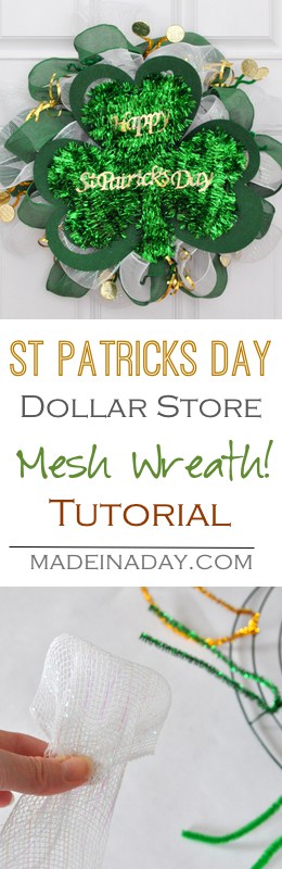 St Patrick's Day Wreath, Dollar Store Mesh Wreath Tutorial, use dollar store items to make a cute St. Patrick's Day Wreath for budget