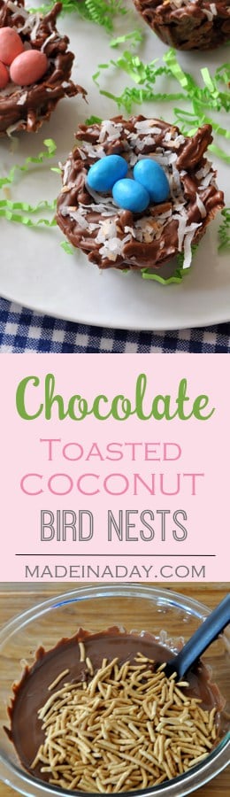 Chocolate & Toasted Coconut Bird Nests
Super easy no-bake Easter Treats. Kid friendly recipe. Malted Robin Eggs, Chow Mein Noodles, sweetened coconut.