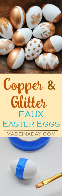 Painting Faux Easter Eggs with Metallic Copper acrylic paint and dipped in glitter! Super easy craft for Easter. Color block eggs, glitter eggs,