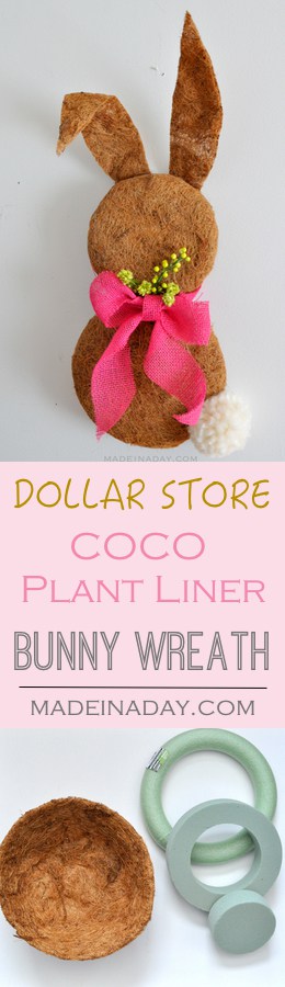 Dollar Store Easter Bunny Wreath made with Plant Coco Liner, Clover Jumbo Pom maker, Pink burlap ribbon, easy craft, Easter home decor