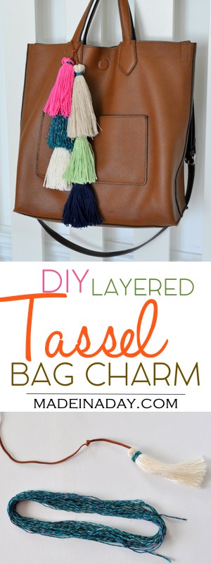 DIY Layered Tassel Bag Charm, Learn to make the new summer trendy layered tassel charms! Crochet thread tassels, easy tassel tutorial, tote bag tassels, lime green, pink, see the tutorial on madeinaday.com