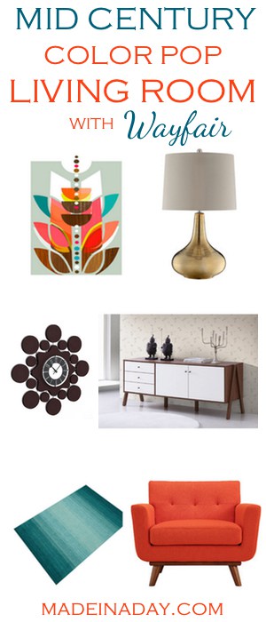 Mid Century Color Pop Living Room Blogger Pick's, See my favorite room picks for to create a super cool Mid Century Living Room. Orange teal living room, gold lamp, mid century sideboard, wood grain