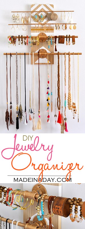 DIY Geometric Industrial Wall Jewelry Organizer.Have a lot of jewelry? I do and I made this super fun industrial trend jewelry holder you hang on your wall! Industrial trend organizer, geometric wall art, accessories holder, flange pipe wall art organizer, See the tutorial on madeinaday.com #homedecor #geometric #industrial #jewelry