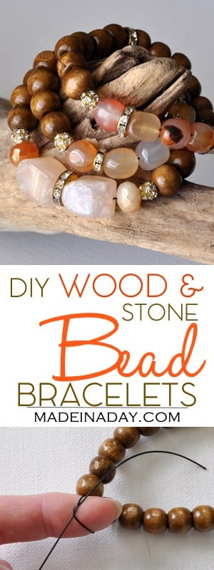 DIY Wood & #Stone Stackable Beaded #Bracelets, learn to make these popular Mala prayer bead style bracelets. Anthro Hack, gold and glass beads, wood beads and stone beads. Tying a stretchy bracelet.