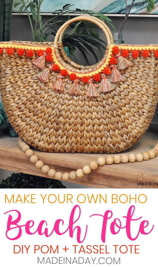 Design Trend: Make Your Own Pom & Tassel Basket Totes, tassel beach bag, Bohemian tote, boho bag, tassel bag, pom pom, tassel bag charms, basket totes, basket beach bag, half moon basket tote, wicker totes, diy basket bag, pom pom basket tote, #beachtote #pompom #boho #Beachbag #tassel