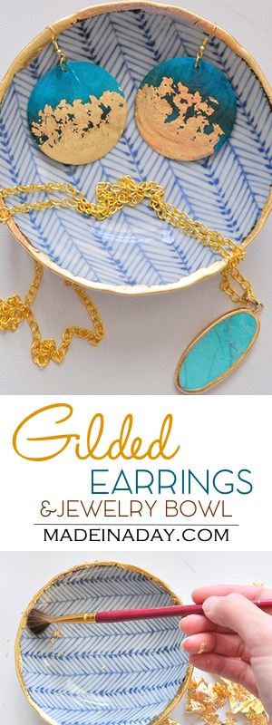 DIY Gold Gilded Earrings & Jewelry Bowl, Glam up some inexpensive earrings & a thrift store bowl with gold gilding! Herringbone, gold teal earrings, gilded stone, how to add gold gild, tutorial on madeinaday.com