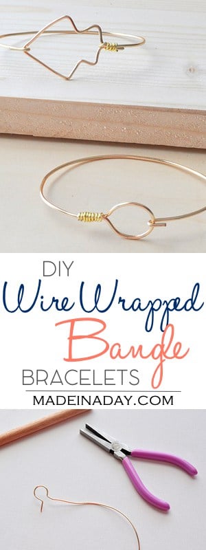 DIY Wire Wrapped Bangle Bracelets,Easy stackable wire bangles, arrow bracelet, circle wire bangle, wrapped wire bracelets, gift idea, jewelry, see the tutorial on madeinaday.com