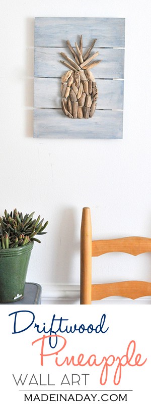 Driftwood Pineapple Pallet Wall Art, See the tutorial on how to make this simple Driftwood Pineapple Wall Art Pallet. Whitewash, blue #watercolor, #driftwood art, #pallet art, easy craft, #nautical craft, coastal