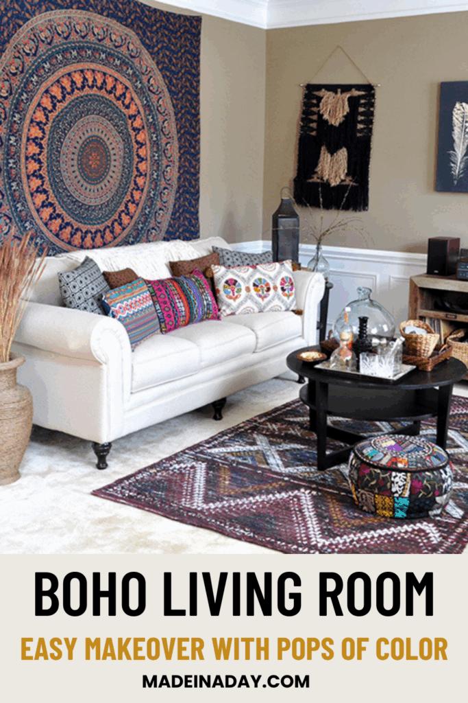 Fun Boho Living Room Makeover  with pops of color