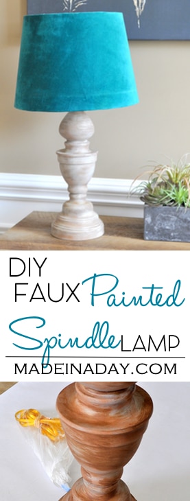 DIY Faux Wood Spindle Lamp, turn a thrift store brass lamp into a trendy Wood Spindle Lamp with faux painting. Teal lamp shade, wood spindle