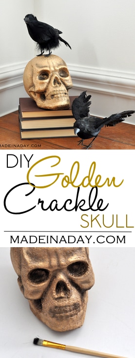 Gold Crackle Raven Skull, Paint a foam skull with liquid gilding and acrylic paint for an eerie crackle effect.